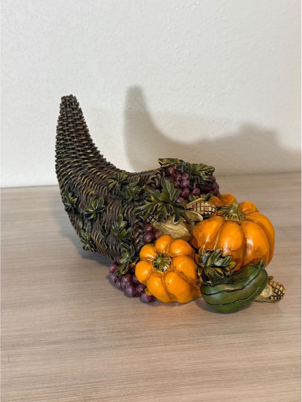 Decorative Cornucopia Harvest Centerpiece with Pumpkins and Grapes